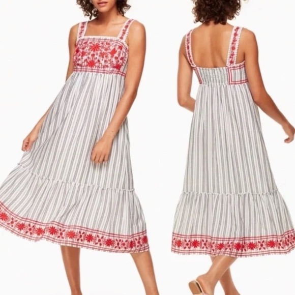 Kate Spade Floral Embroidered Striped Cotton Midi Dress - Picture 5 of 14
